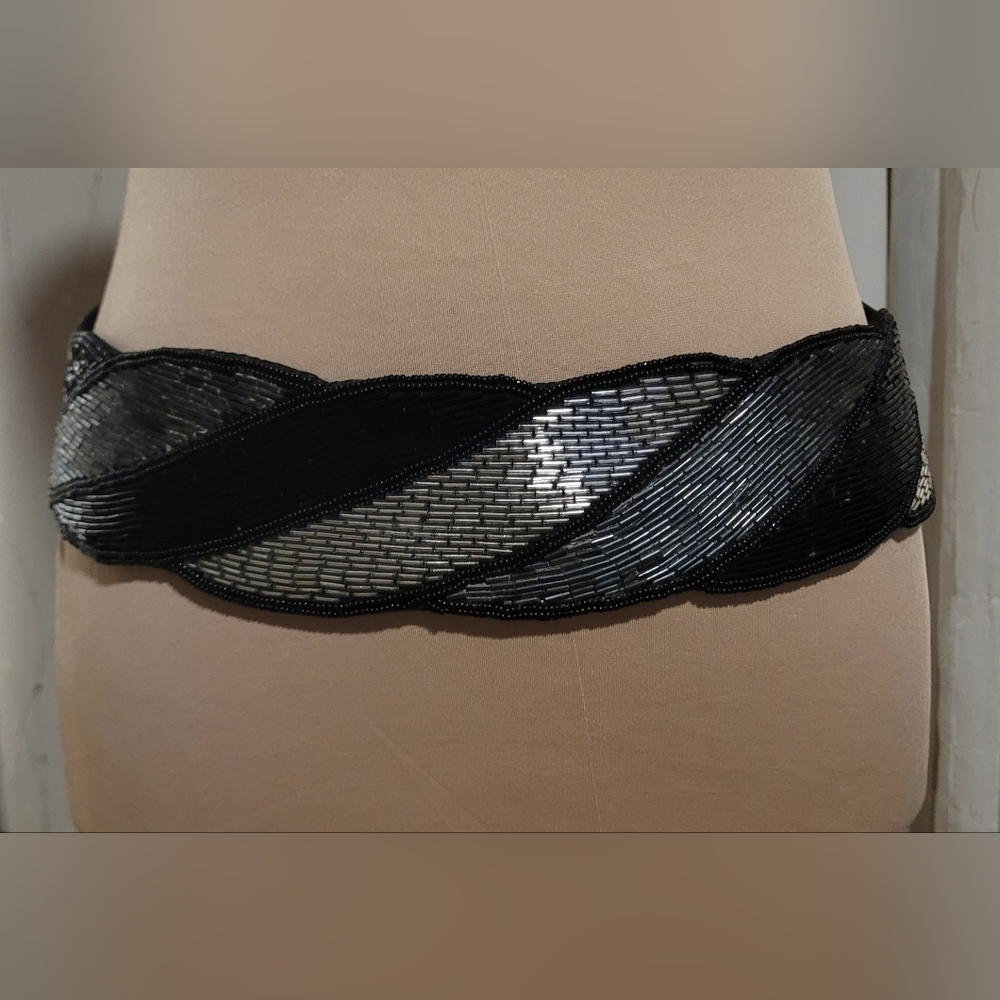 ​VTG Rue de Calais Beaded Silk Satin Statement Belt | Black & Silver